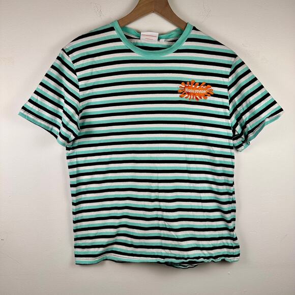 Nickelodeon Youth Splat Logo Green/White Striped 90s Crewneck T-Shirt Medium - Picture 1 of 6